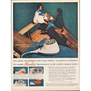 1959 Norelco Speedshaver Electic Razor Vintage Print Ad Wood Deck Towel Wall Art